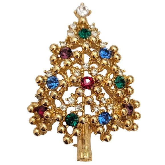 Eisenberg Gold Tone Multi Color Rhinestone Christmas Tree Brooch Pin, Signed E20